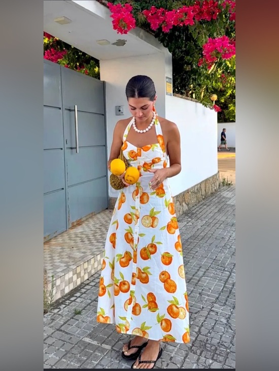 Zara Dresses & Skirts - Zara White Halter Maxi Dress with Orange Fruit Print